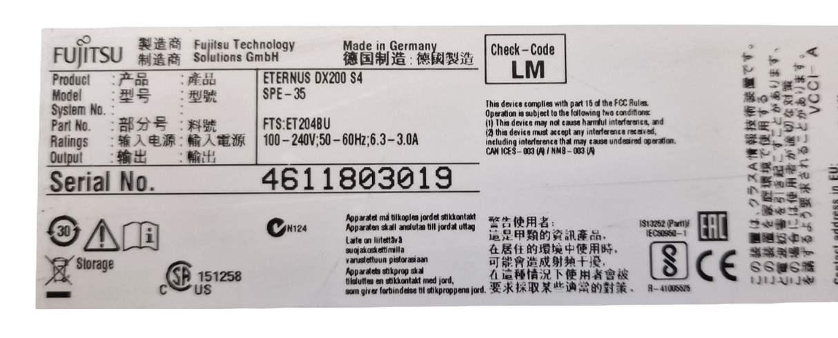 Fujitsu Eternus DX200 S4 12-Bay Disk Storage + 2x CA07662-D122 W/ 4x FC16G 2xPSU