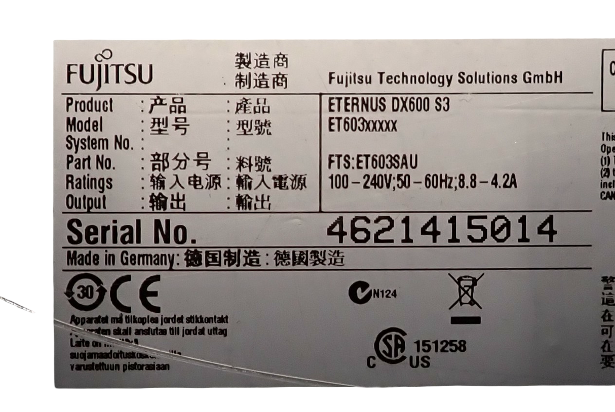 Fujitsu Eternus DX600 S3 Base FTS:ET603SAU & 2x CA07555-D811 Controller Modules