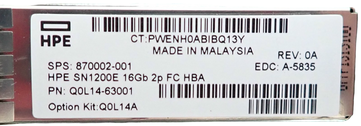 HPE StoreFabric SN1200E Dual Port 16Gb FC Host Bus Adapter HBA 870002-001 Q0L14A
