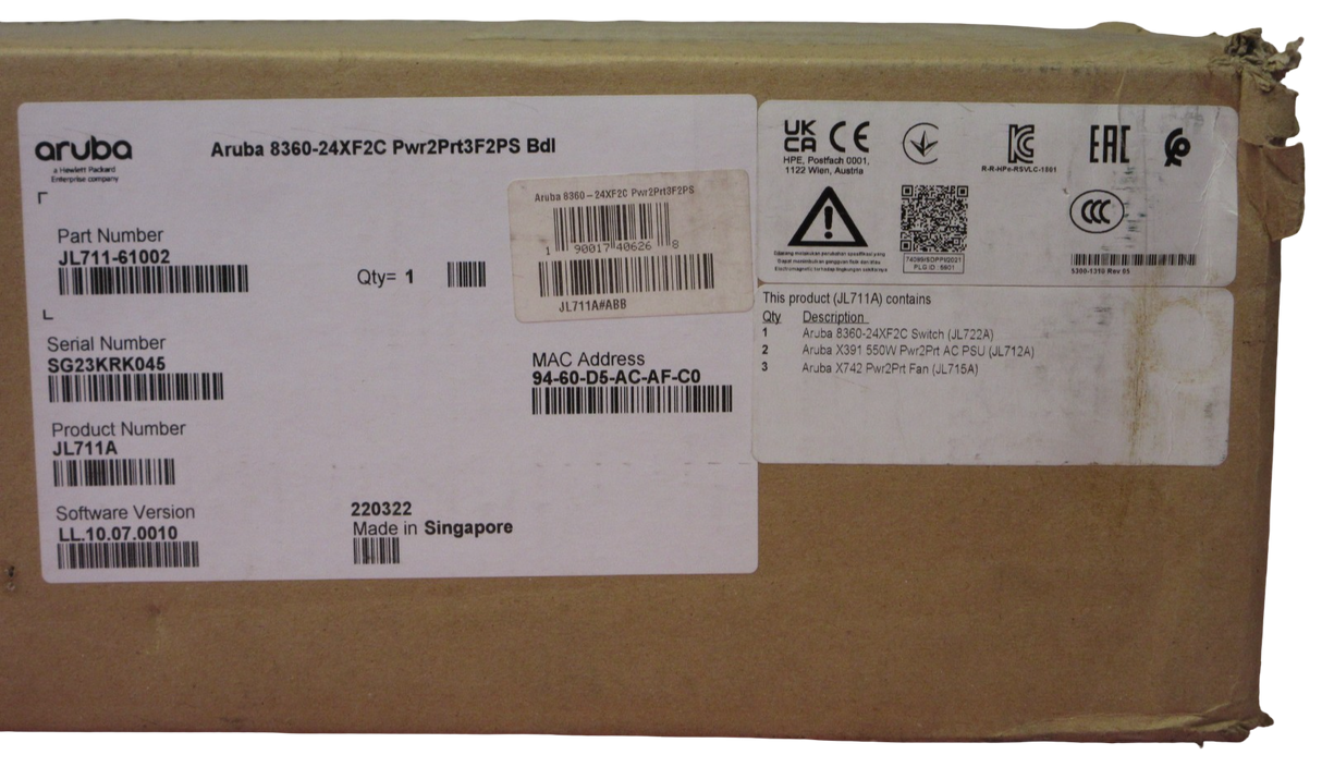 NEW HPE Aruba 8360-24XF2C JL711A CX 8360 v2 24x10Gb SFP+ 2x100Gb QSFP28 Switch