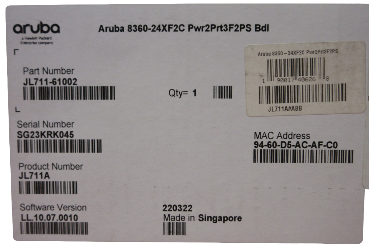 NEW HPE Aruba 8360-24XF2C JL711A CX 8360 v2 24x10Gb SFP+ 2x100Gb QSFP28 Switch