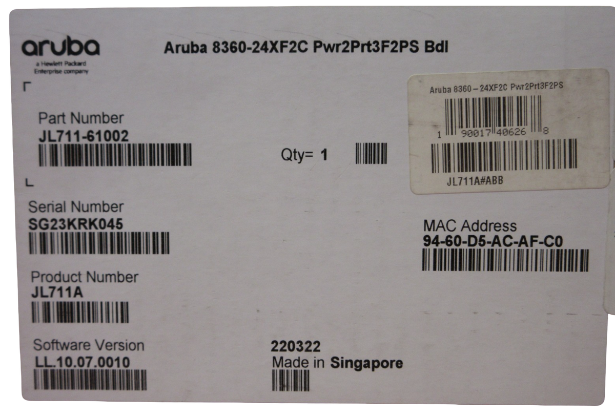 NEW HPE Aruba 8360-24XF2C JL711A CX 8360 v2 24x10Gb SFP+ 2x100Gb QSFP28 Switch