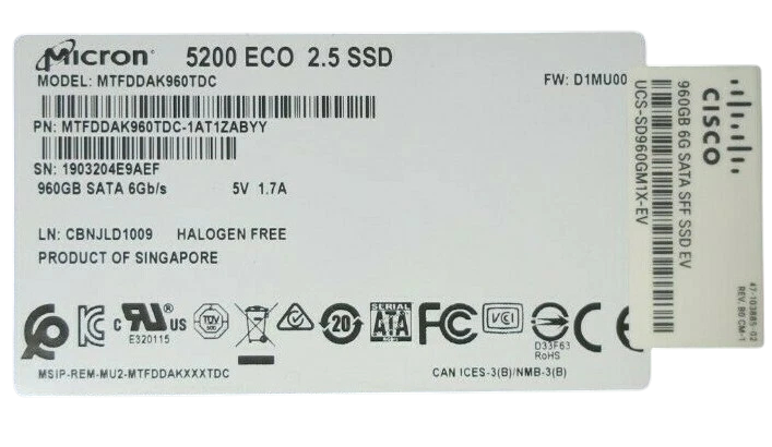 Cisco UCS-SD960GM1X-EV 960GB 2.5" SATA 6Gb/s Enterprise Solid State Drive SSD