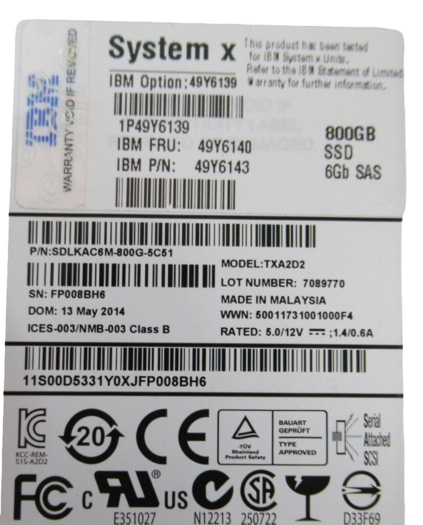 IBM 49Y6140 800GB 2.5'' 6G SAS MLC HS SSD Drive 49Y6139 49Y6143 System X HS23