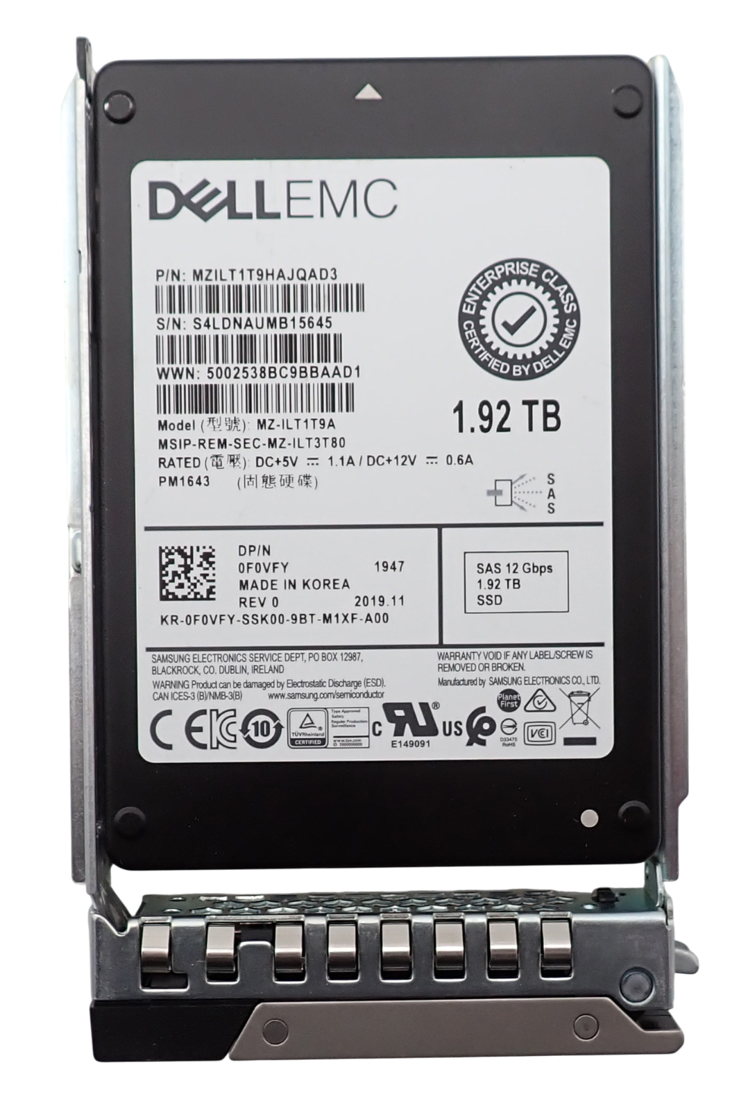 Dell PowerEdge 1.92TB SAS 12G RI 2.5" SSD MZ-ILT1T9A F0VFY + 14th-16th Gen Caddy