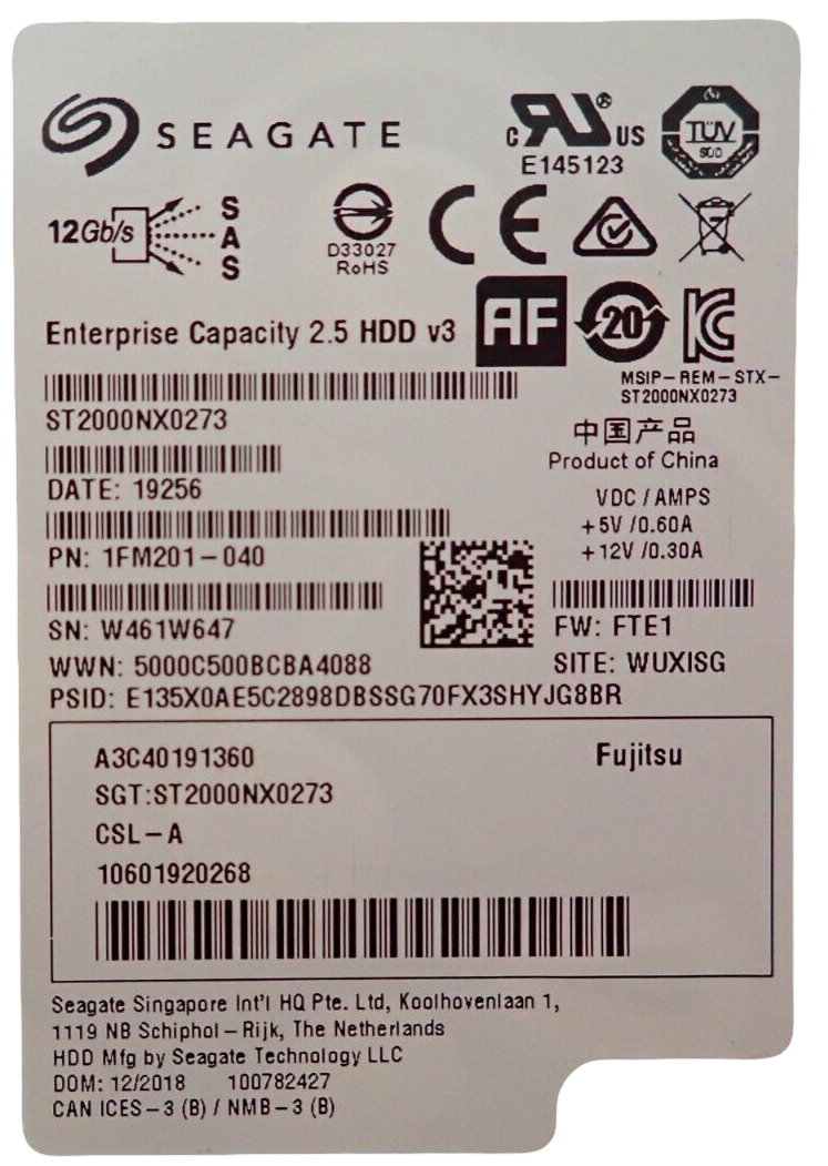 Fujitsu 2TB 7.2K 2.5" SAS 12G 512E Hot-Plug Hard Drive HDD S26361-F5573-L200