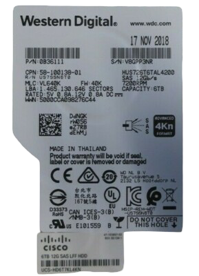NEW Cisco 6TB 7.2K SAS 12G 4Kn 3.5" LFF HotPlug Hard Drive HDD UCS-HD6T7KL4KN M5