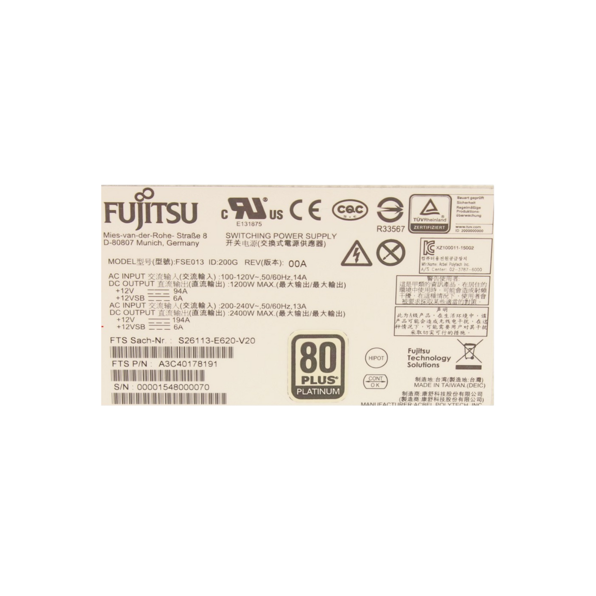 New Fujitsu S26113-F620-L30 Platinum 2400W HP Power Supply Unit For CX400 M1