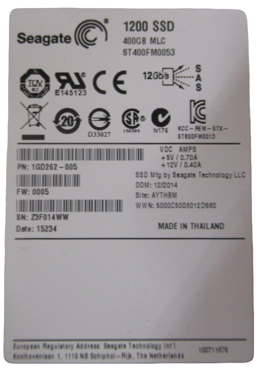 Seagate 400GB SAS 12Gbps 1200 MLC SSD Solid State Drive ST400FM0053 1GD262-005