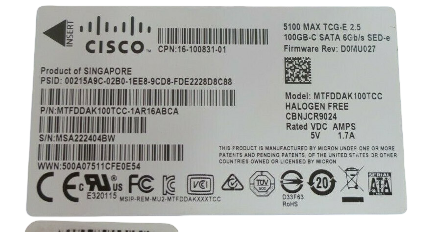 Cisco UCS-SSD100GI1F105 100GB Low-Height SATA 6Gb/s 2.5" SSD Solid State Drive