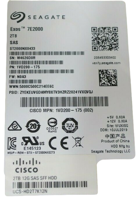 Cisco 2TB 7.2k 12G 2.5" SAS Hard Drive HDD 1VD200-175 UCS-HD2T7K12N For UCS M5