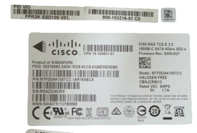 Cisco 100GB SATA 6Gb/s 2.5" SED Solid State Drive SSD MTFDDAK100TCC FPR2K-SSD100