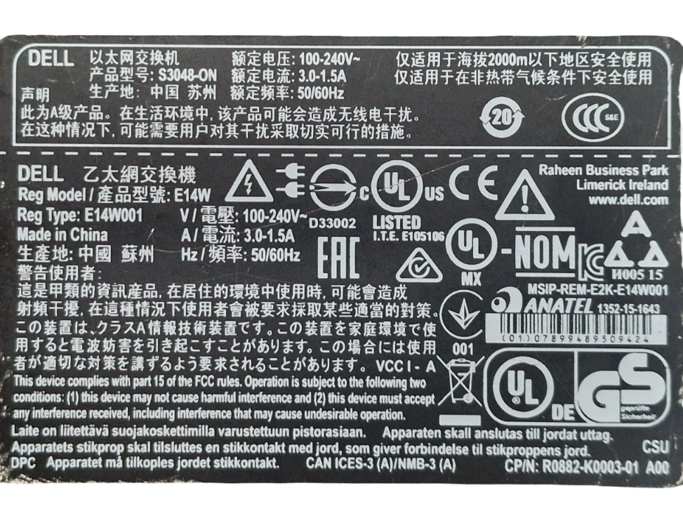 Dell EMC S3048-ON 48x 1GbE RJ45 + 4x 10GbE SFP+ Ports L2/3 Switch + 2x PSU