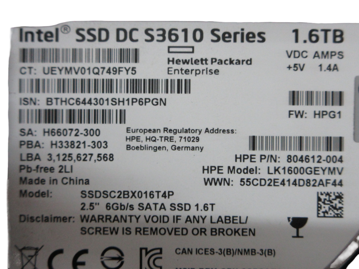 HP 1.6TB SATA 6Gb/s 2.5" Hot-Plug Solid State Drive SSD 805383-001 804631-B21