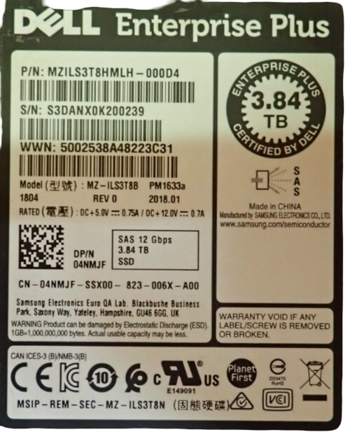 Dell 3.84TB 12G SAS RI TLC 2.5" SSD MZ-ILS3T8B 4NMJF In 14/15G Caddy