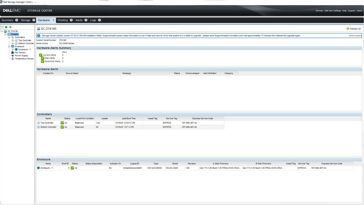 Dell Compellent SCv3020 Storage Array 2x iSCSI Controller 30-Bay 7x 900GB HDD