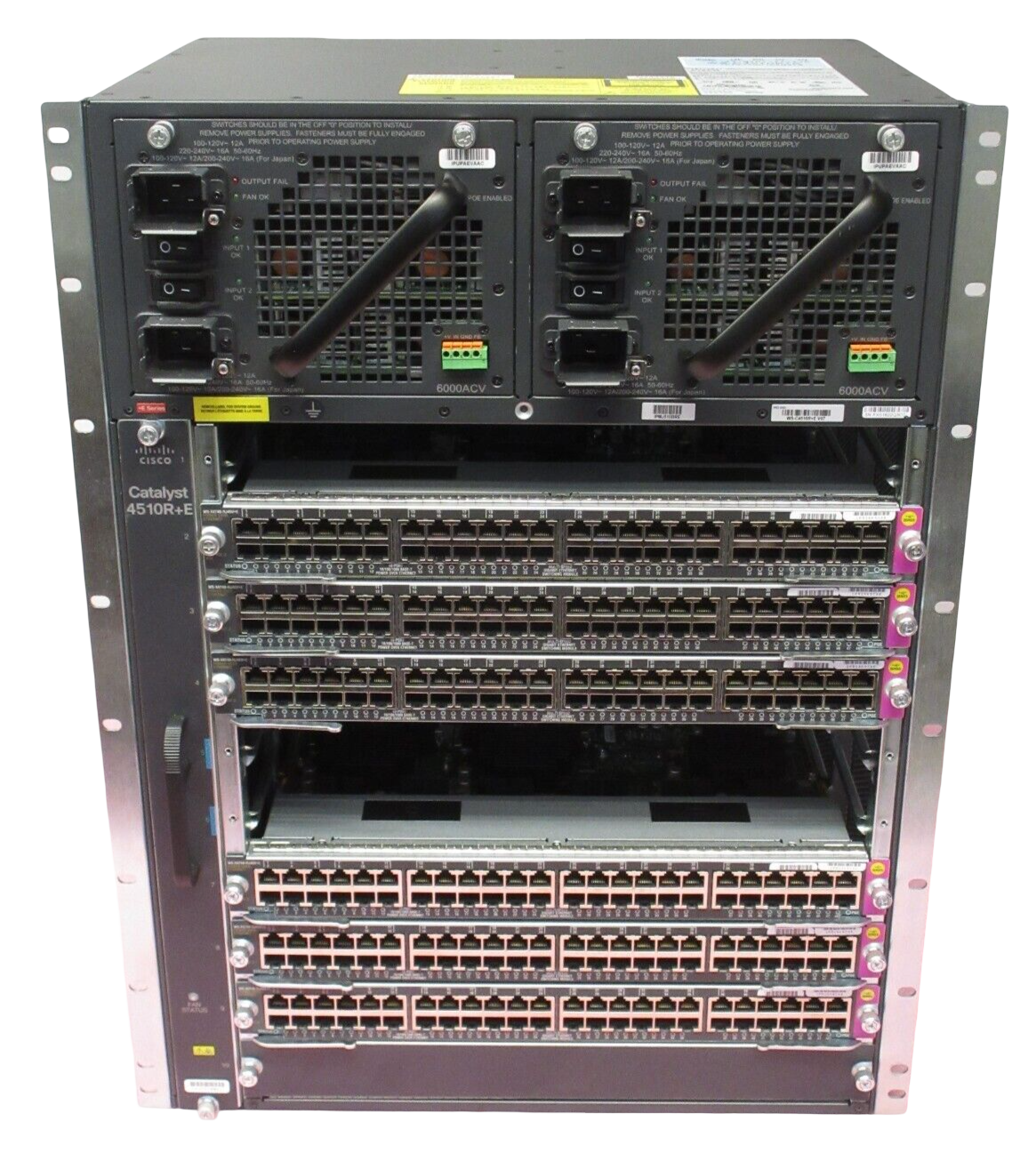 Cisco WS-C4510R+E 10-Slot 14U Chassis 6x WS-X4748-RJ45V+E 48-Port PoE Line Cards