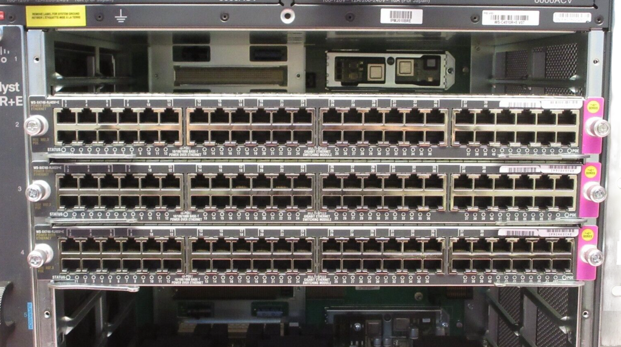 Cisco WS-C4510R+E 10-Slot 14U Chassis 6x WS-X4748-RJ45V+E 48-Port PoE Line Cards