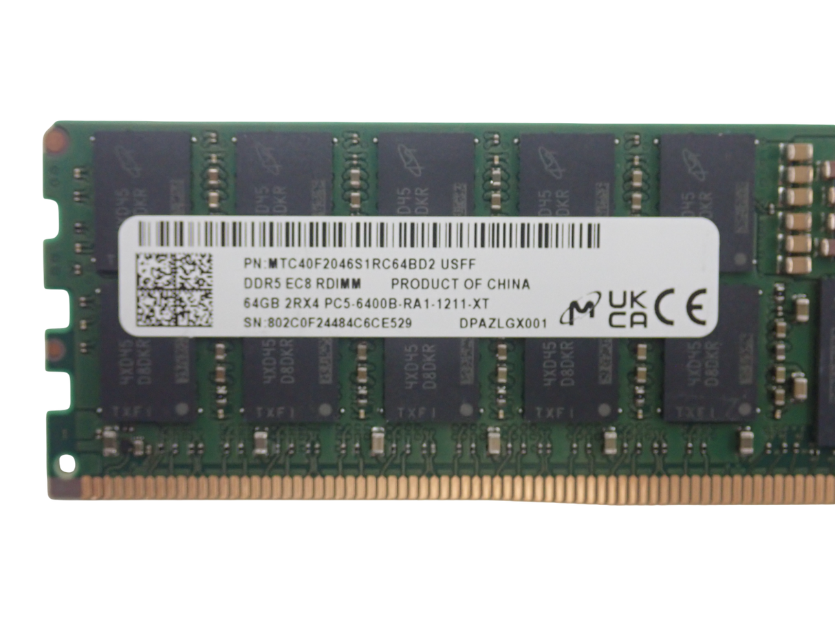 Micron 64GB 2Rx4 PC5-6400B DDR5 ECC EC8 RDIMM Server Memory MTC40F2046S1RC64BD2