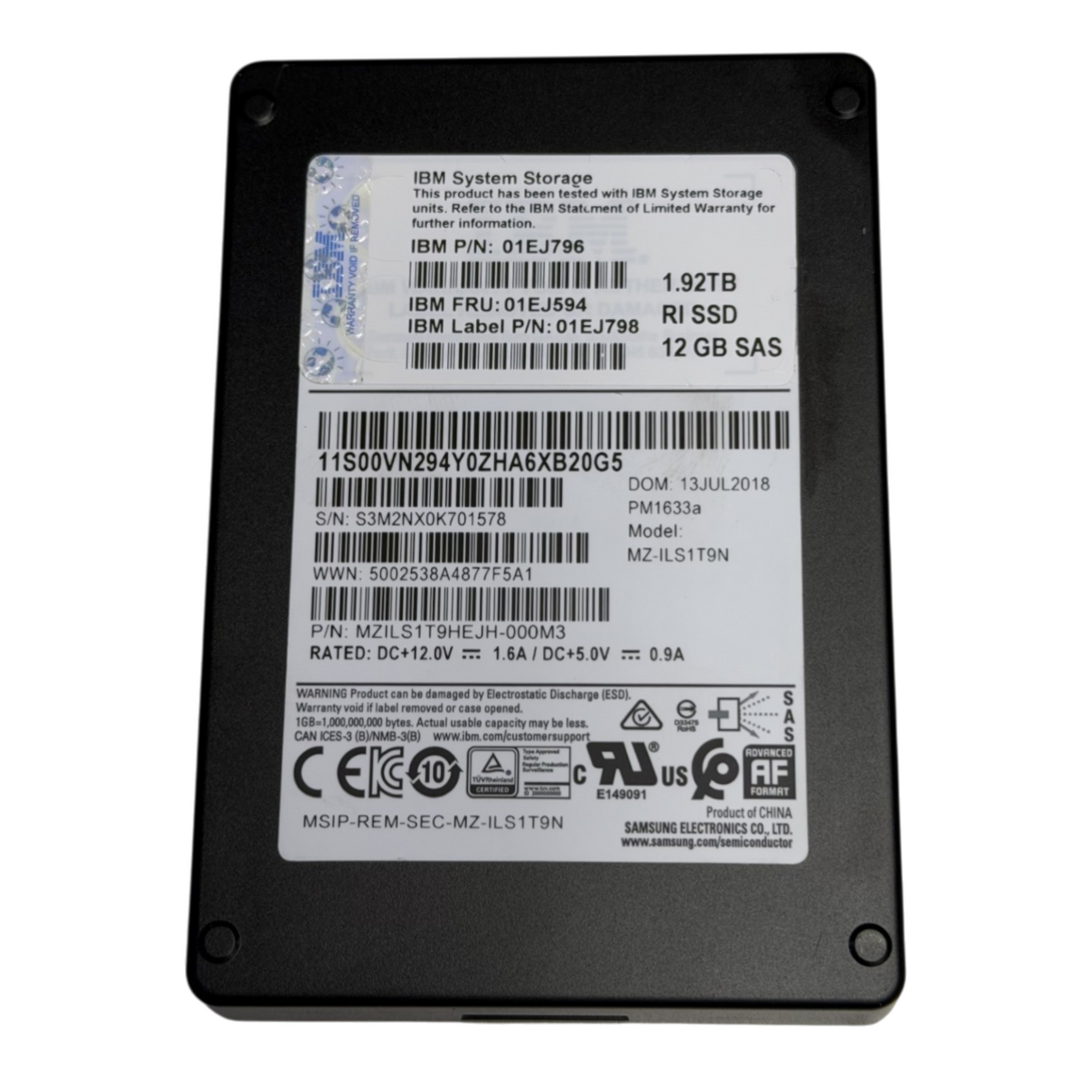 IBM 1.92TB SAS 12G Read Intensive Multi Level Cell 2.5" SSD 01EJ798 MZ-ILS1T9N