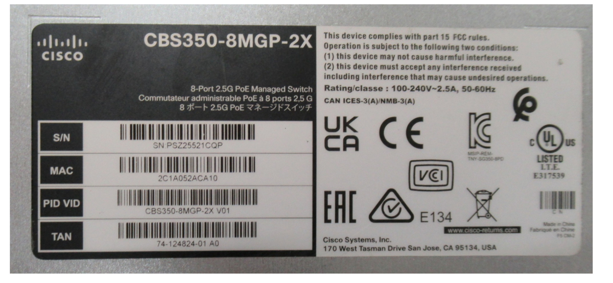 Cisco CBS350-8MGP-2X 6x 1Gb PoE+ 2x 2.5Gb PoE+ 2x 10Gb Combo Port Managed Switch