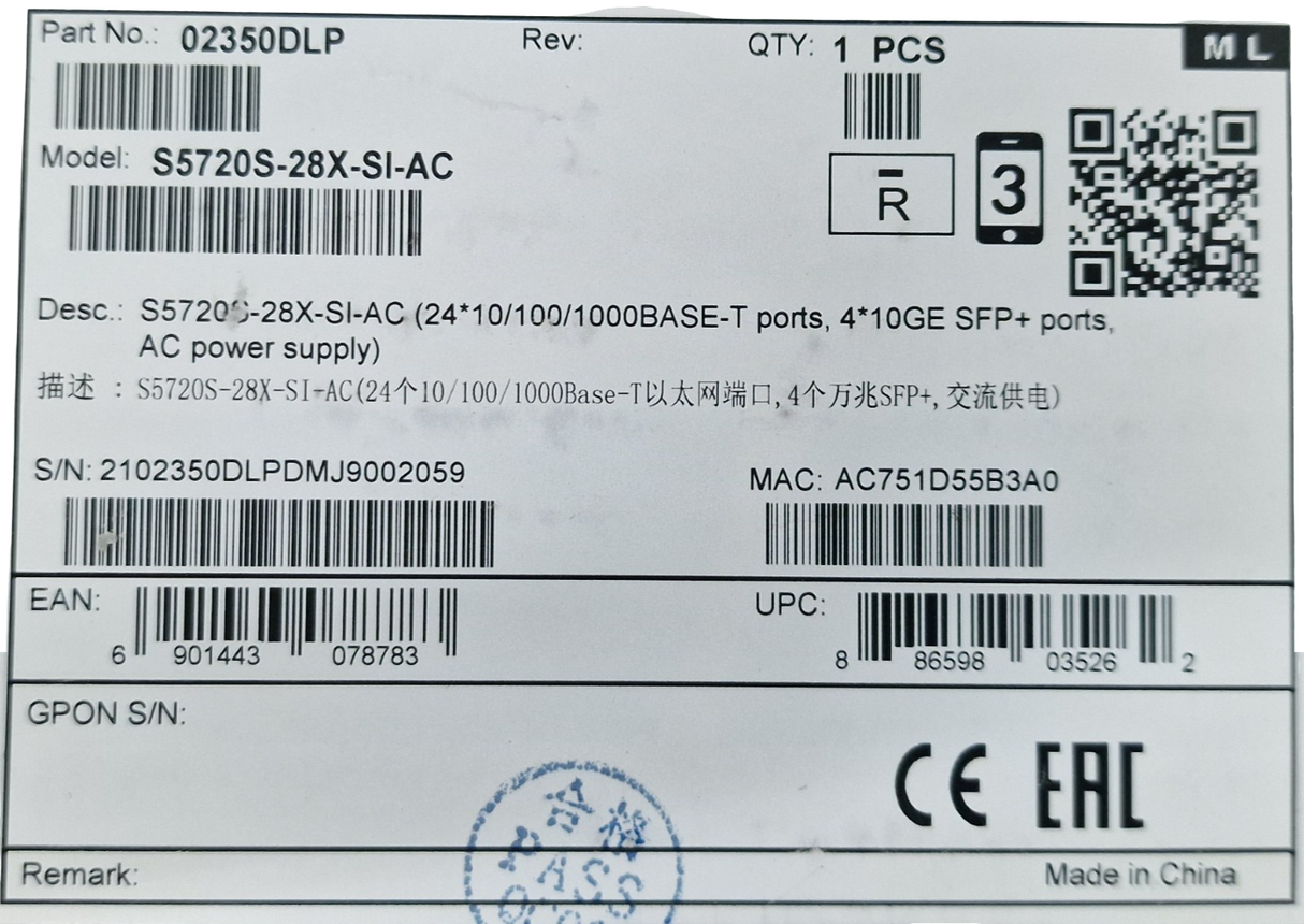Huawei CloudEngine S5720S-28X-SI-AC 24x 1GbE + 4x 10GbE SFP+ Network Switch
