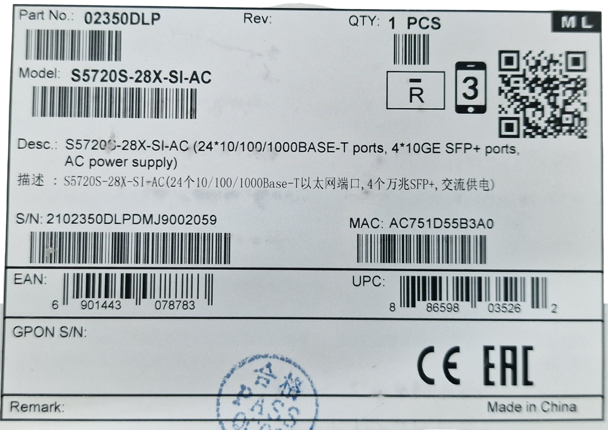 Huawei CloudEngine S5720S-28X-SI-AC 24x 1GbE + 4x 10GbE SFP+ Network Switch