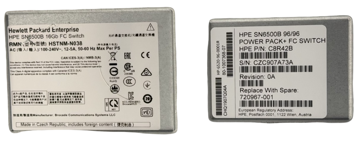 HPE StoreFabric SN6500B Power Pack+ FC 96x16GbE Managed Switch 48x Active C8R42B