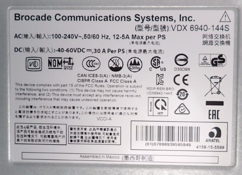 Brocade VDX 6940-144S XBR-VDX6940-64S-AC-F 96x 10GbE SFP+ 6x 40Gb QSFP+ Switch