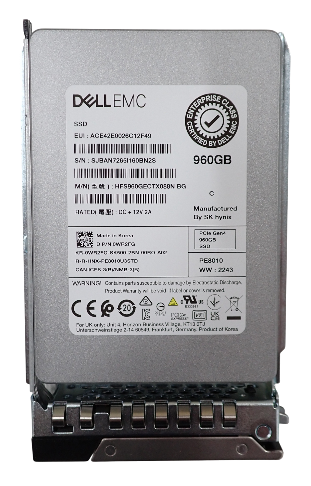 Dell 960GB NVMe Gen4 2.5" RI SSD HFS960GECTX088N WR2FG + 14/15/16th Gen Caddy