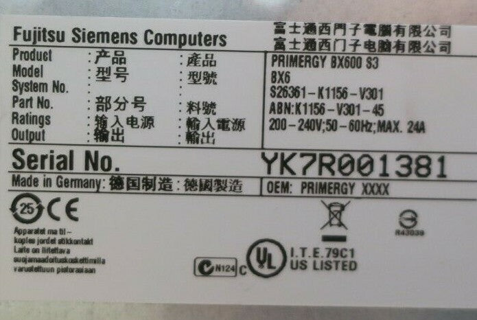 Fujitsu Primergy BX600 S3 S26361-K1156-V301 Chassis +10x BX620 S4 Blade Servers