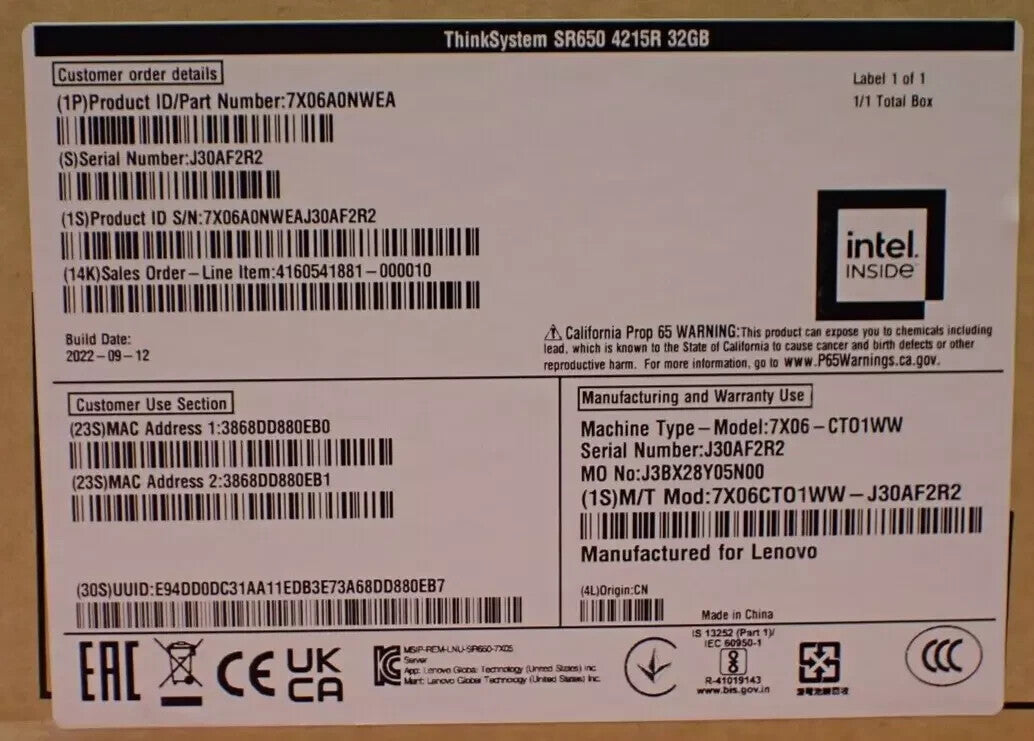 NEW Lenovo ThinkSystem SR650 2x Gen 1/2 Scalable CPU 24-DIMM 8-Bay 2U CTO Server