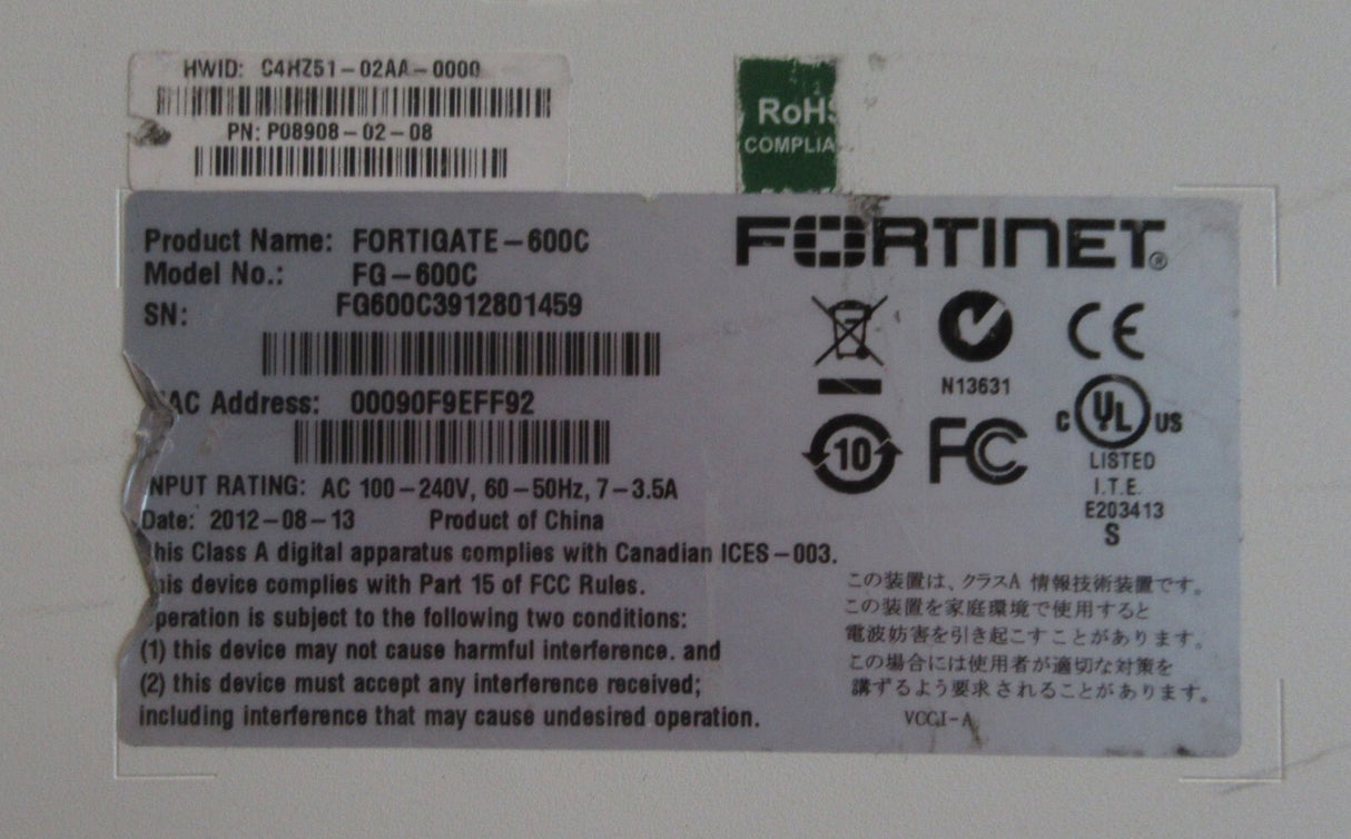 Fortinet FortiGate 600C FG-600C Rackmount Firewall Security Appliance P08908-02