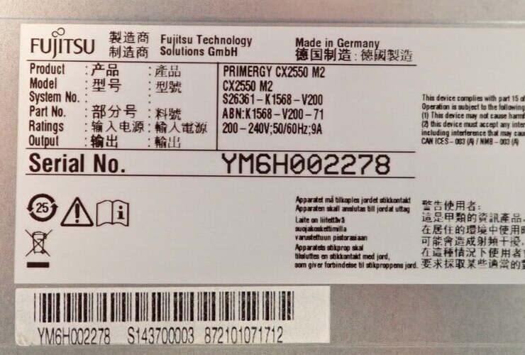 Fujitsu PRIMERGY CX2550 M2 CTO No CPU / RAM / HDD Node Server S26361-K1568-V200