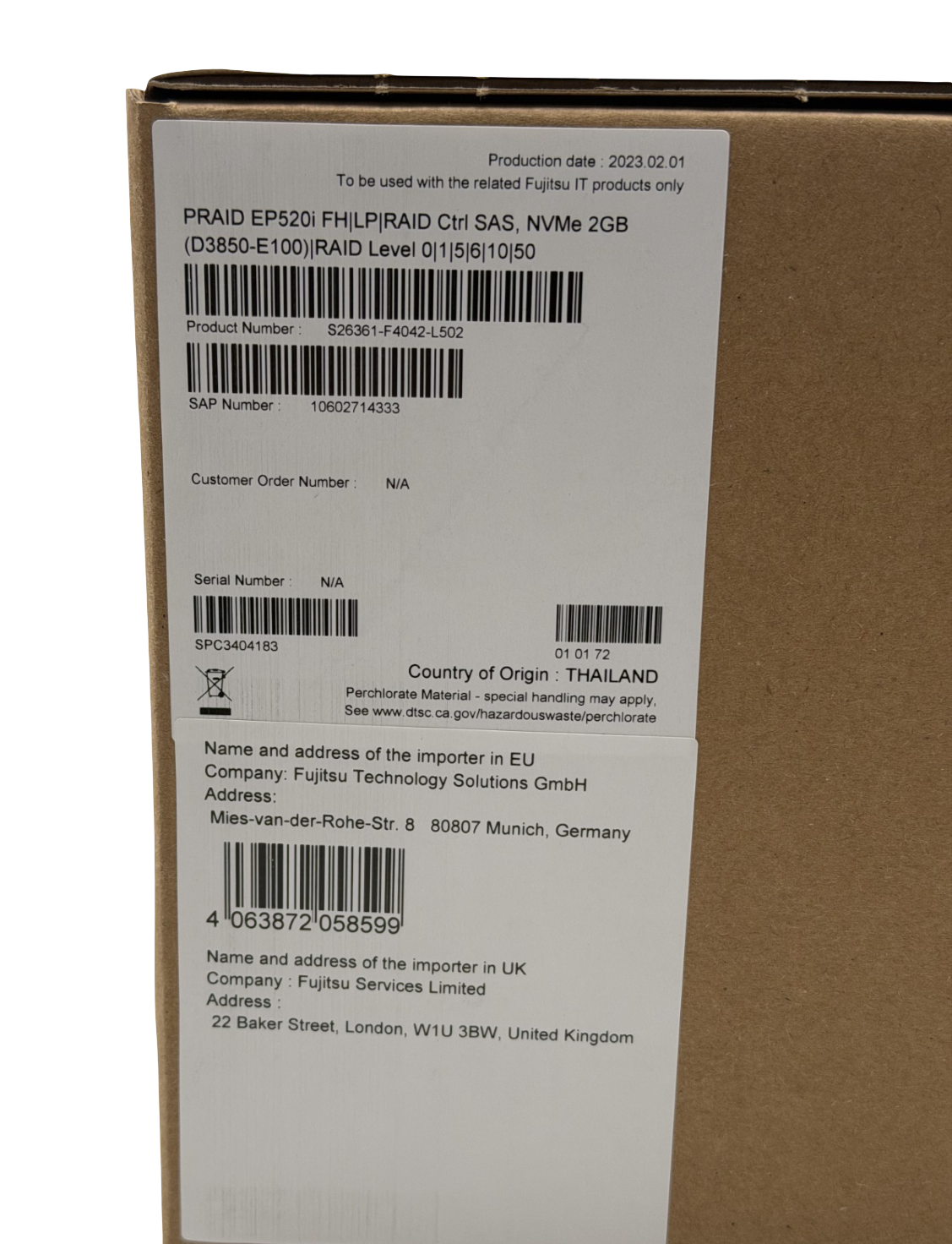 NEW Fujitsu PRAID EP520i 12GB/s PCIe 8 Port RAID FH Controller S26361-F4042-L502