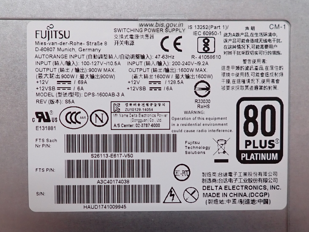Fujitsu 1600W PSU PLATINUM CX400 M1 M4 38042229 S26113-F617-L50 S26113-F617-V50