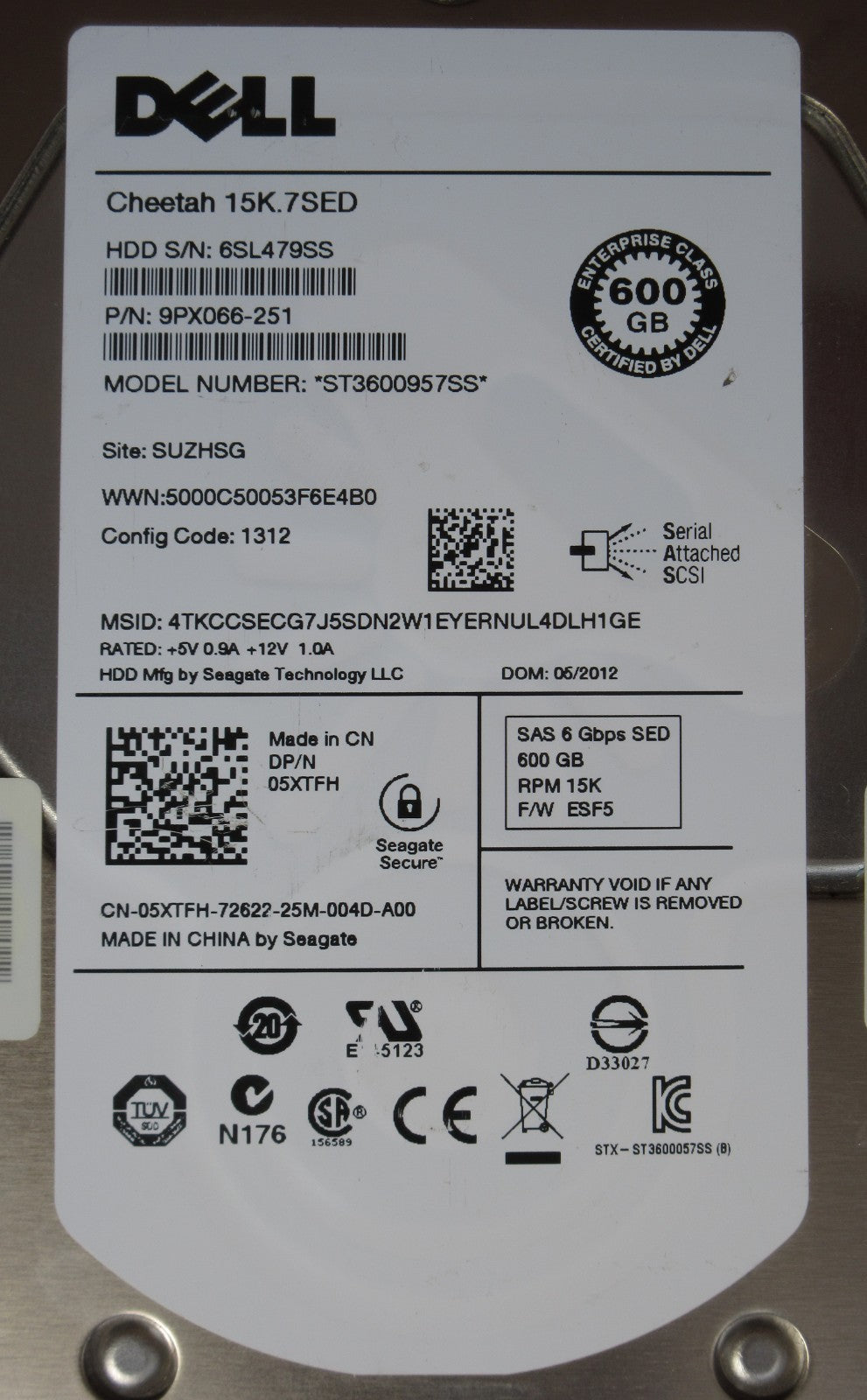 Dell EqualLogic 600GB 3.5" SAS 6GB/s 15K 16MB HDD Hot-Swap Hard Drive 5XTFH