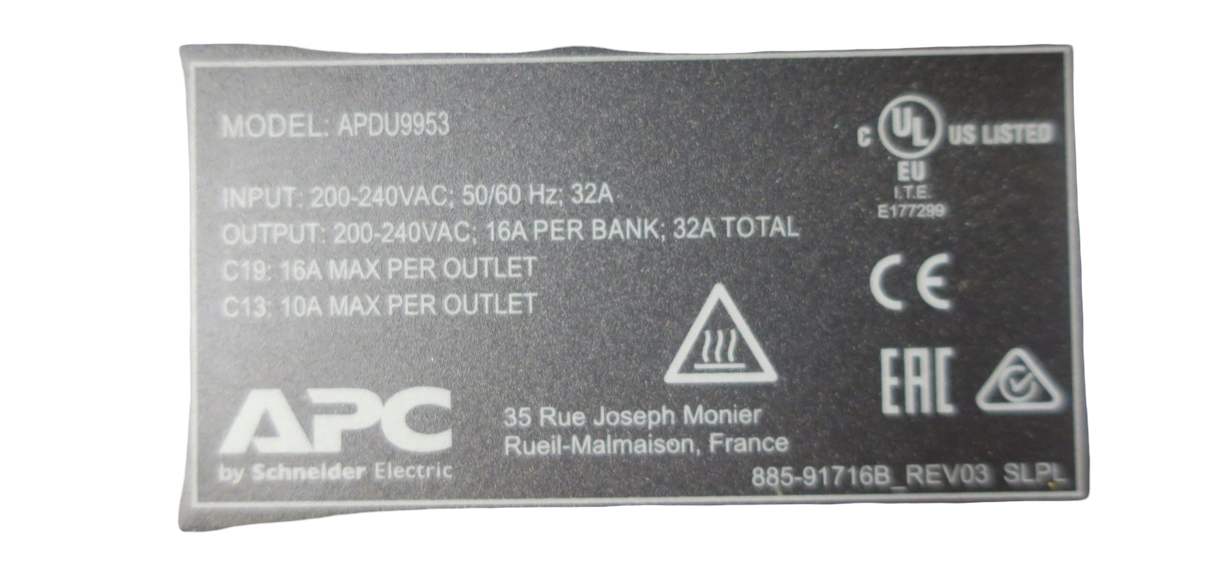 APC APDU9953 Switched Rack 9000 Series PDU 230V 21 x C13 3 x C19 32A ZeroU