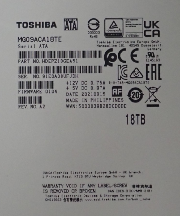 Toshiba 18TB 7.2K SATA 6G 512mb LFF Enterprise Hard Drive HDD MG09ACA18TE