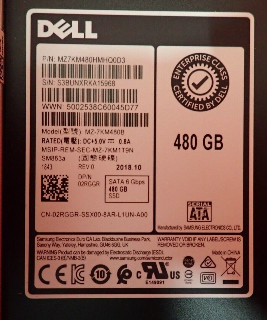 Dell PowerEdge 480GB 2.5" SATA 6Gb/s MLC Mixed Use SSD 2RGGR MZ-7KM480B