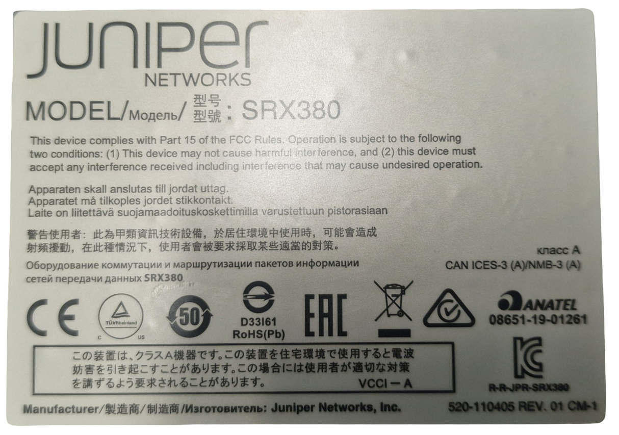 Juniper SRX380-P-SYS-JB-AC 16x 1GE RJ45 PoE+ 4x 10GE SFP+ 1U Firewall Appliance