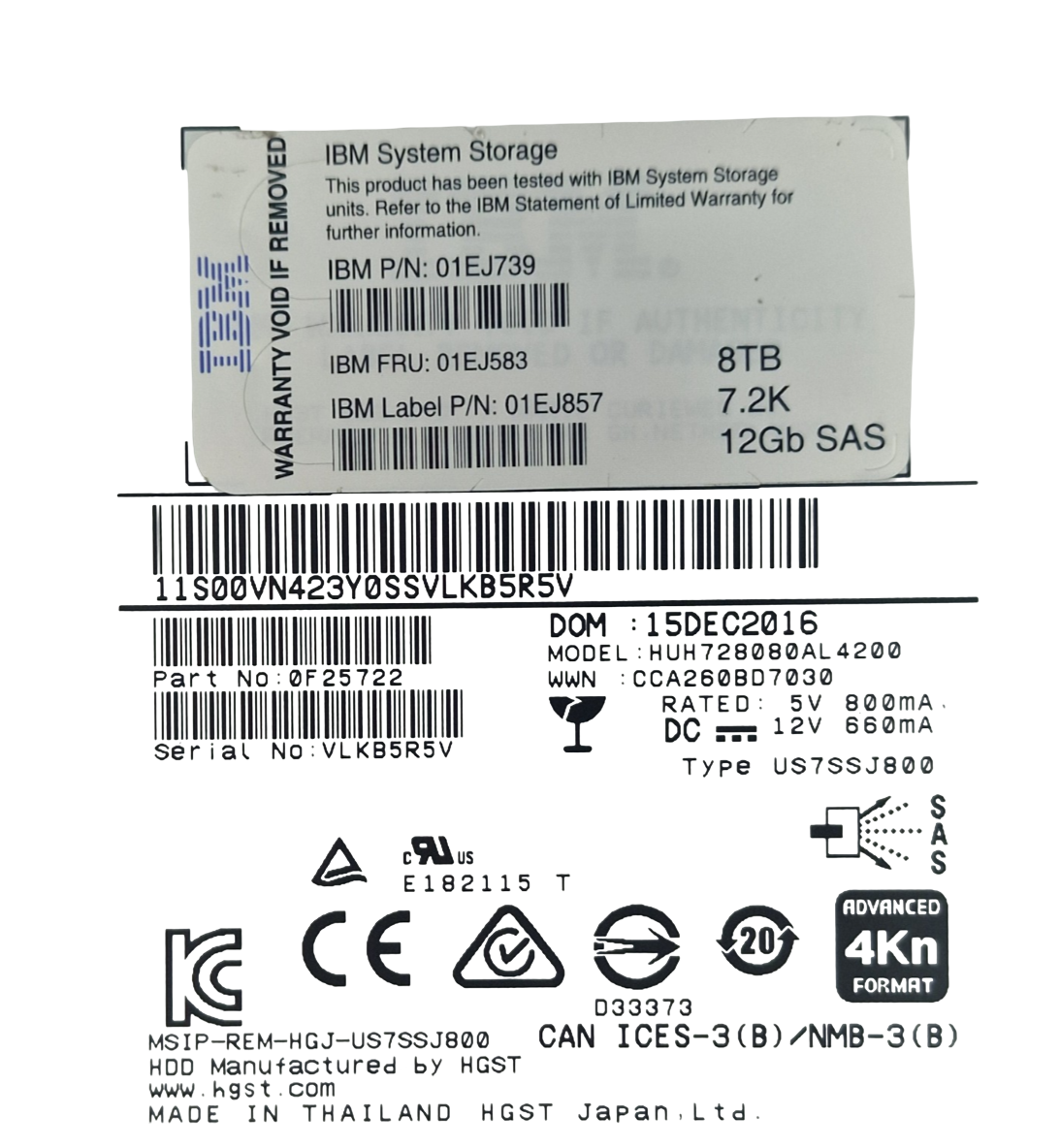 IBM Ultrastar He8 8TB 7.2k SAS 12G 4Kn 3.5" Enterprise HDD 01EJ739 01EJ583