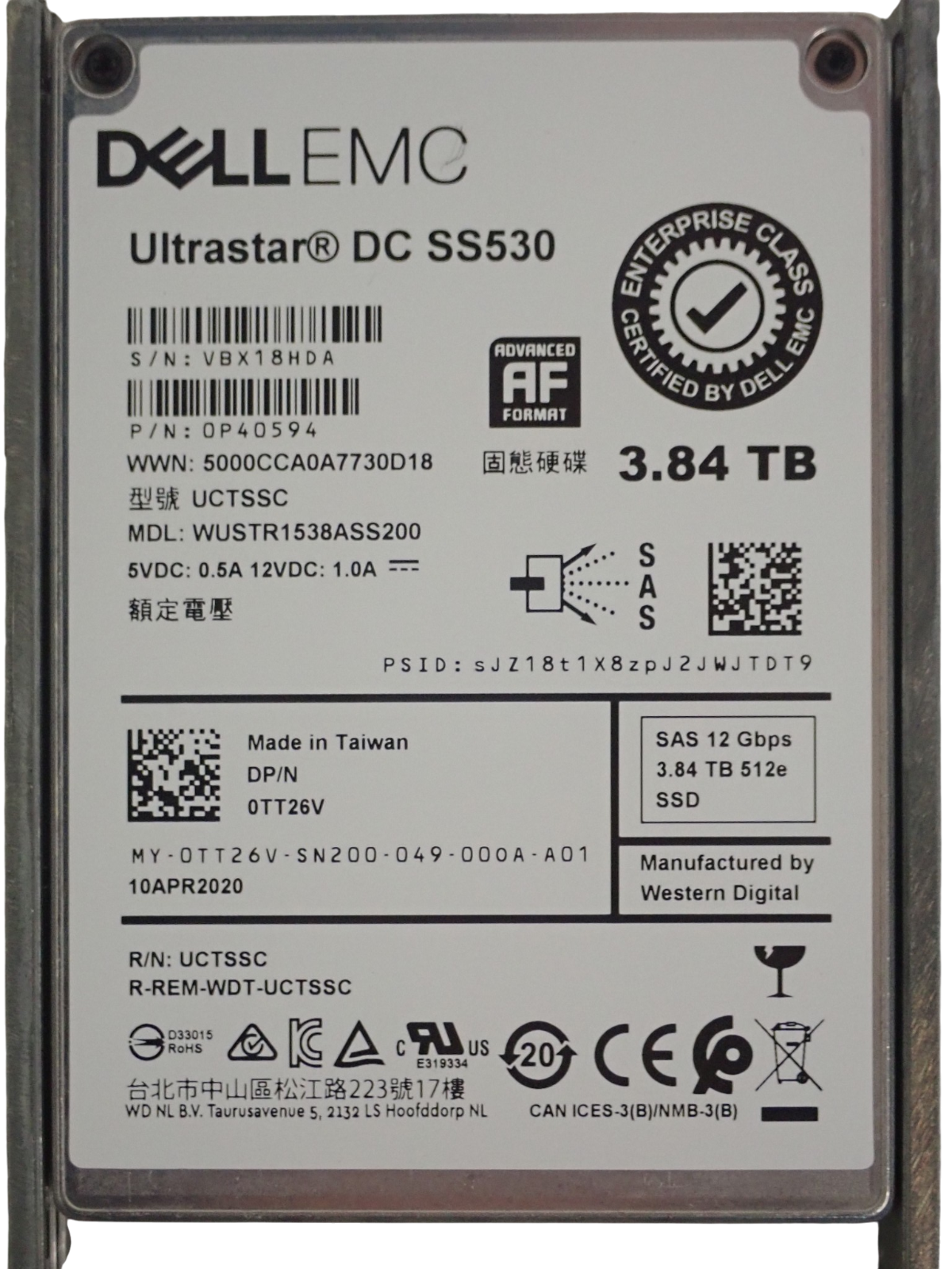 Dell Compellent 3.84TB SAS 12G RI TLC 2.5" SSD TT26V 0TT26V WUSTR1538ASS200
