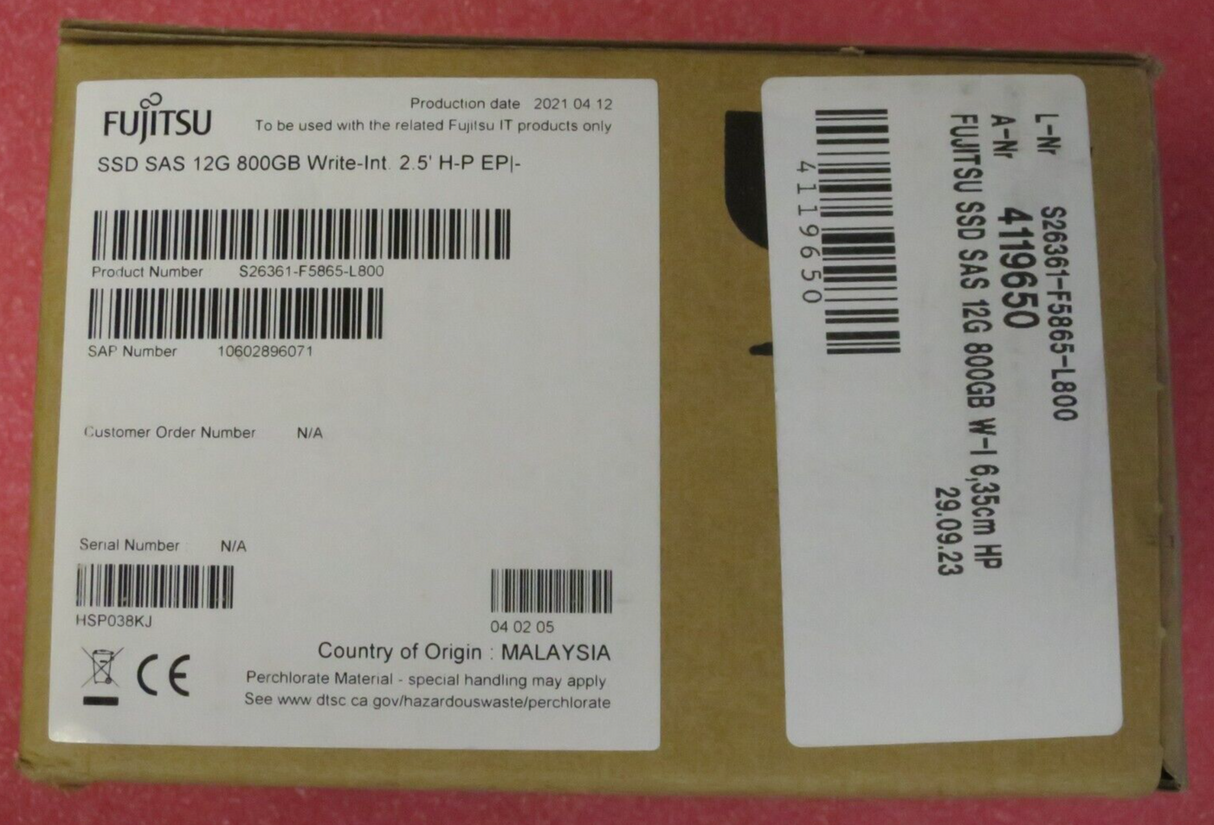 NEW Fujitsu 800GB SSD SAS 12G Write Intensive SFF 2.5" HotPlug S26361-F5865-L800