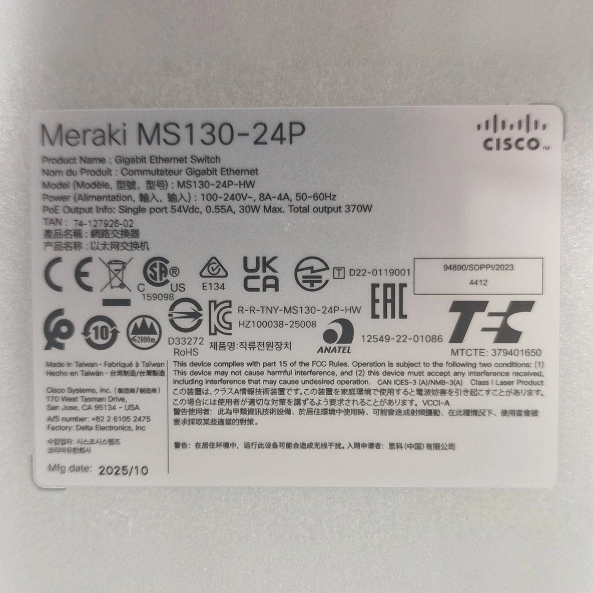 Cisco Meraki MS130-24P-HW 24x 1G PoE+ RJ45 4x 1G SFP L2 Managed Switch UNCLAIMED