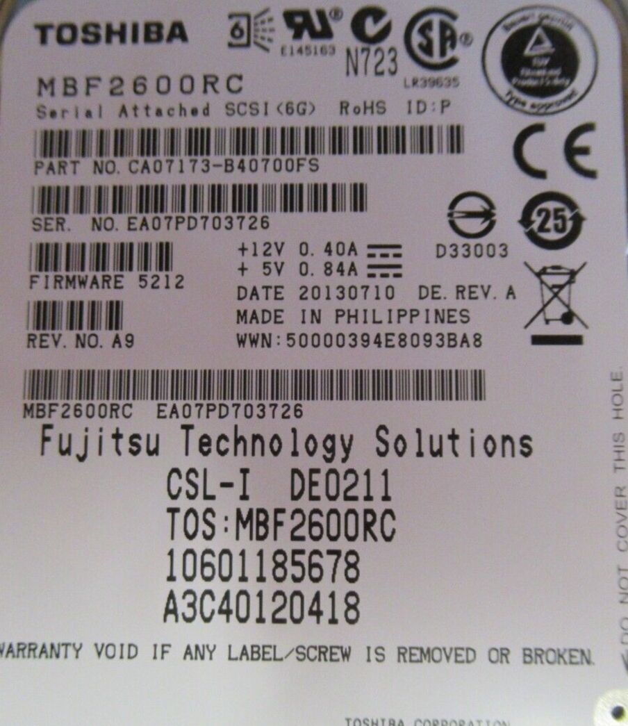 Fujitsu CA07173-B40700FS A3C40120418 Enterprise 600GB 10000RPM SAS 16MB 2.5" HDD