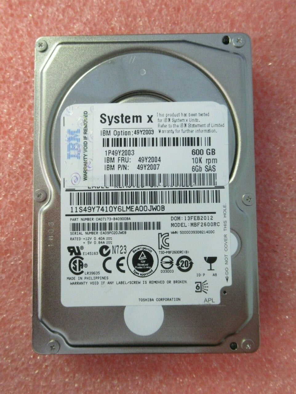 IBM 600GB 2.5" SAS 6GB/s 10K 16MB Server Hard Drive HDD 49Y2004 49Y2007