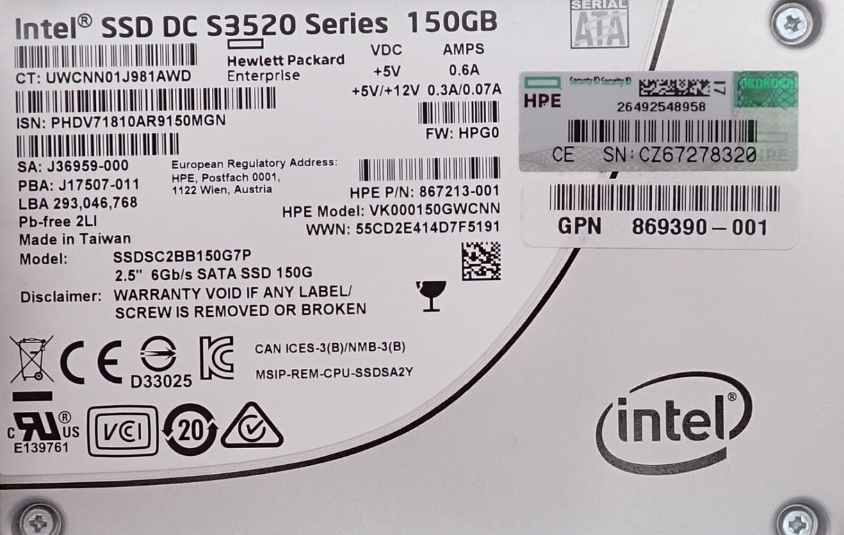 HP 150GB SATA 6G 2.5" RI Enterprise SSD 869575-001 869374-B21 In G8 G9 G10 Caddy