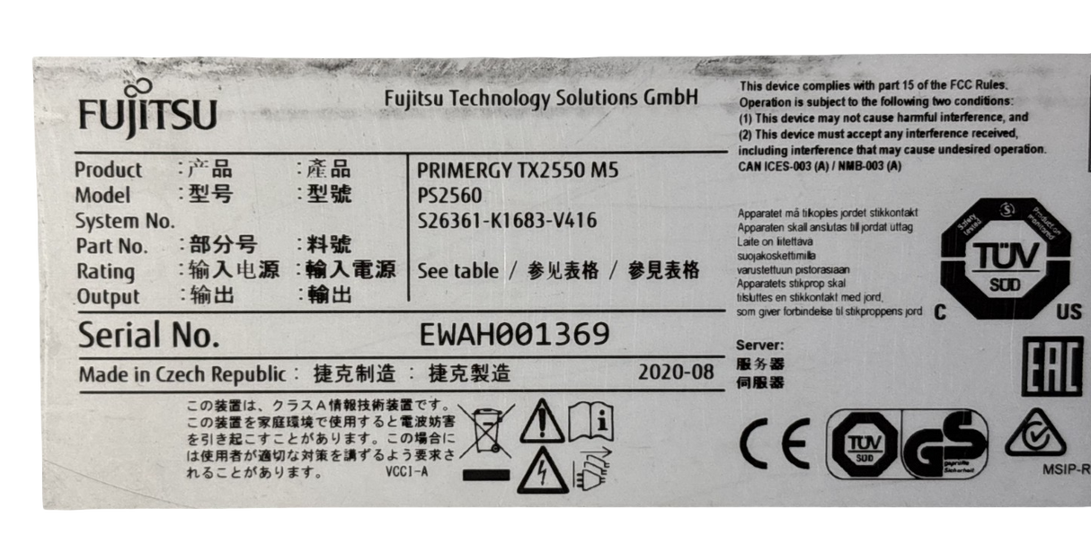 Fujitsu Primergy TX2550 M5 2 x Gold 6210U 128GB RAM 5 x 1.2TB (6TB)  Rack Server