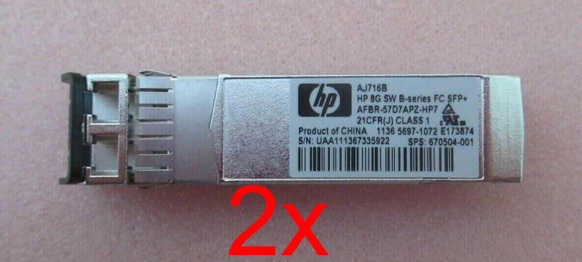 2 x HP AJ716B 8G 8Gbps FC B-Series 670504-001 AFBR-57D9AMZ-HP7 SFP Transceiver
